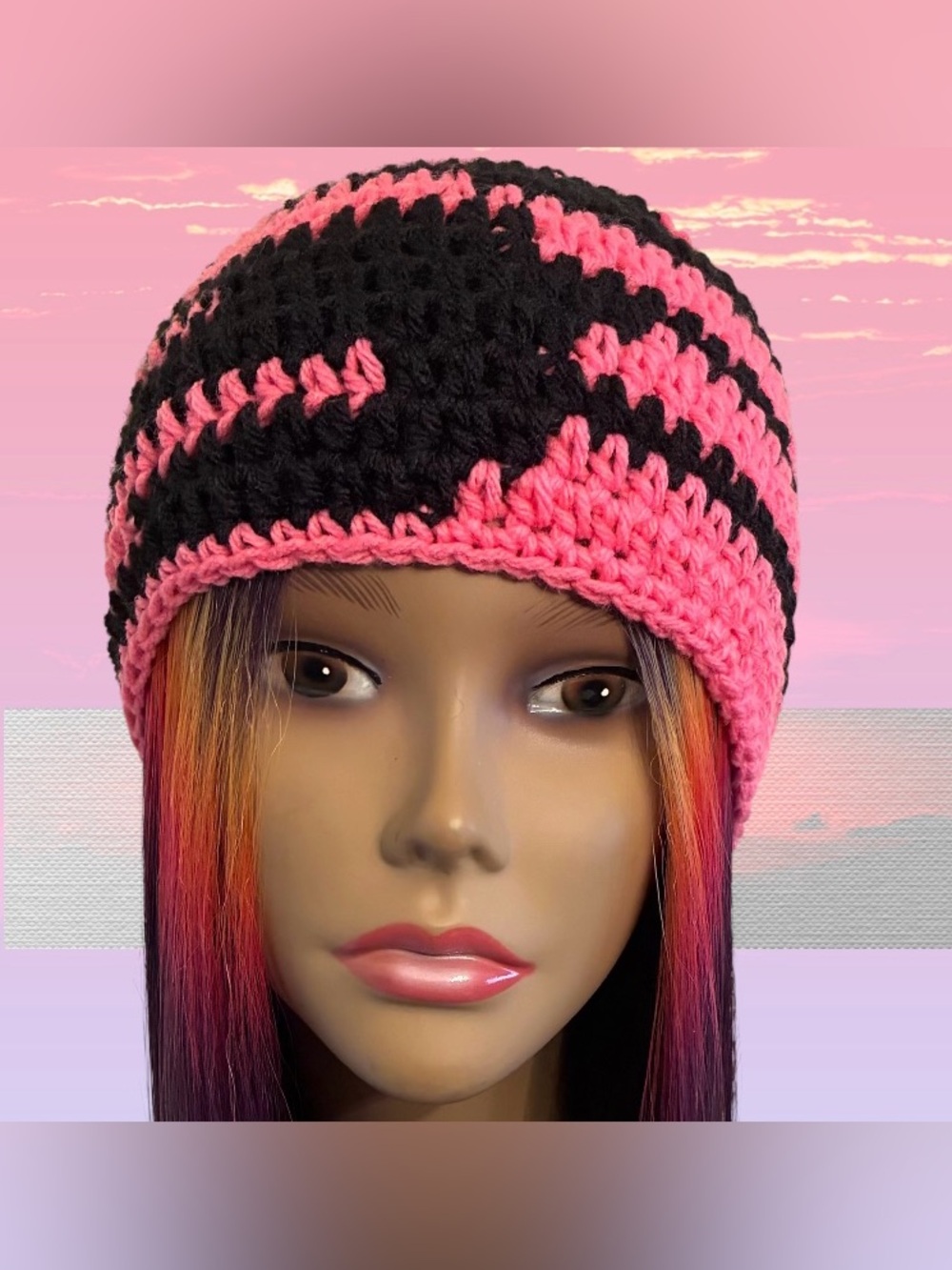 Handmade Black & Pink Crochet Beanie - Women’s Winter Hat
